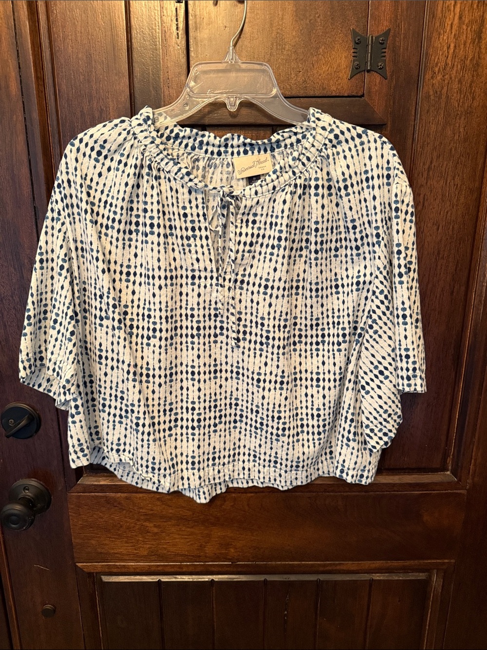 Casual Tie-Neck Peasant Blouse in White with Navy Dot